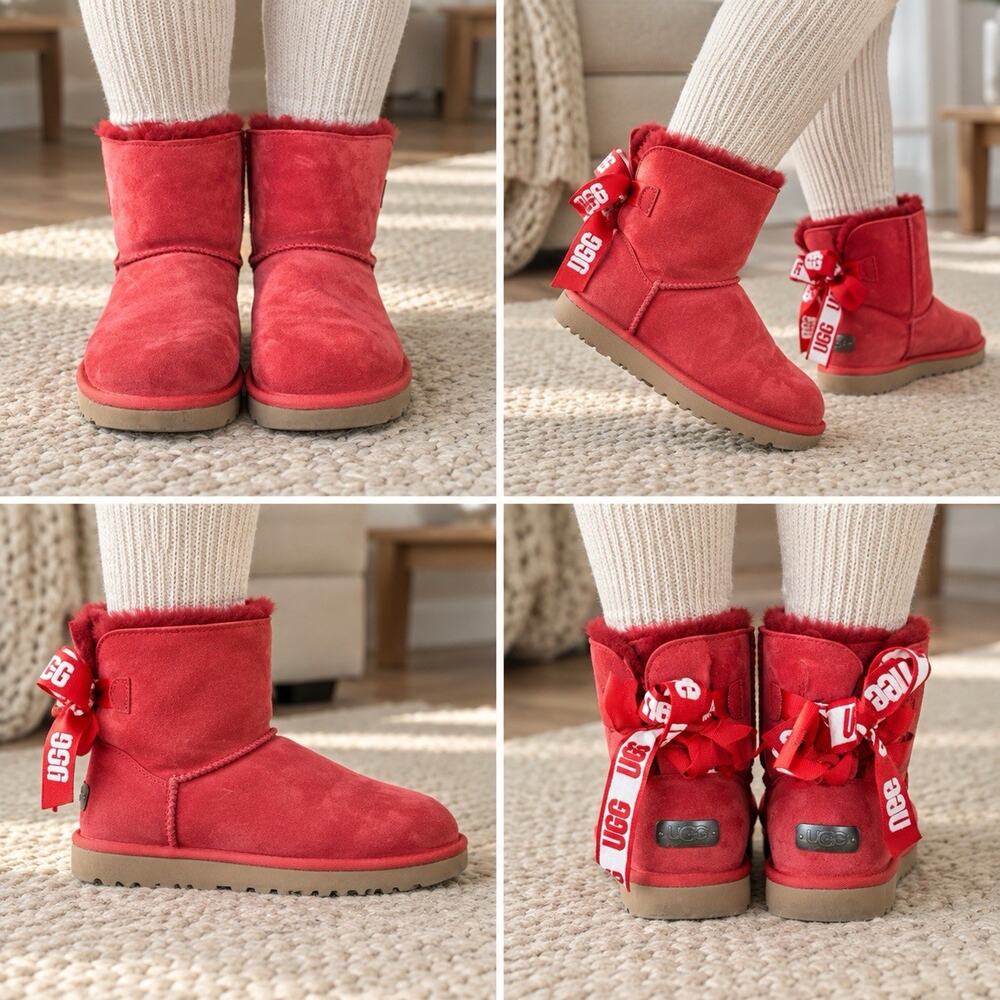 UGG Customizable Bailey Bow Mini Boots Women’s 6 Ribbon Red New in Box